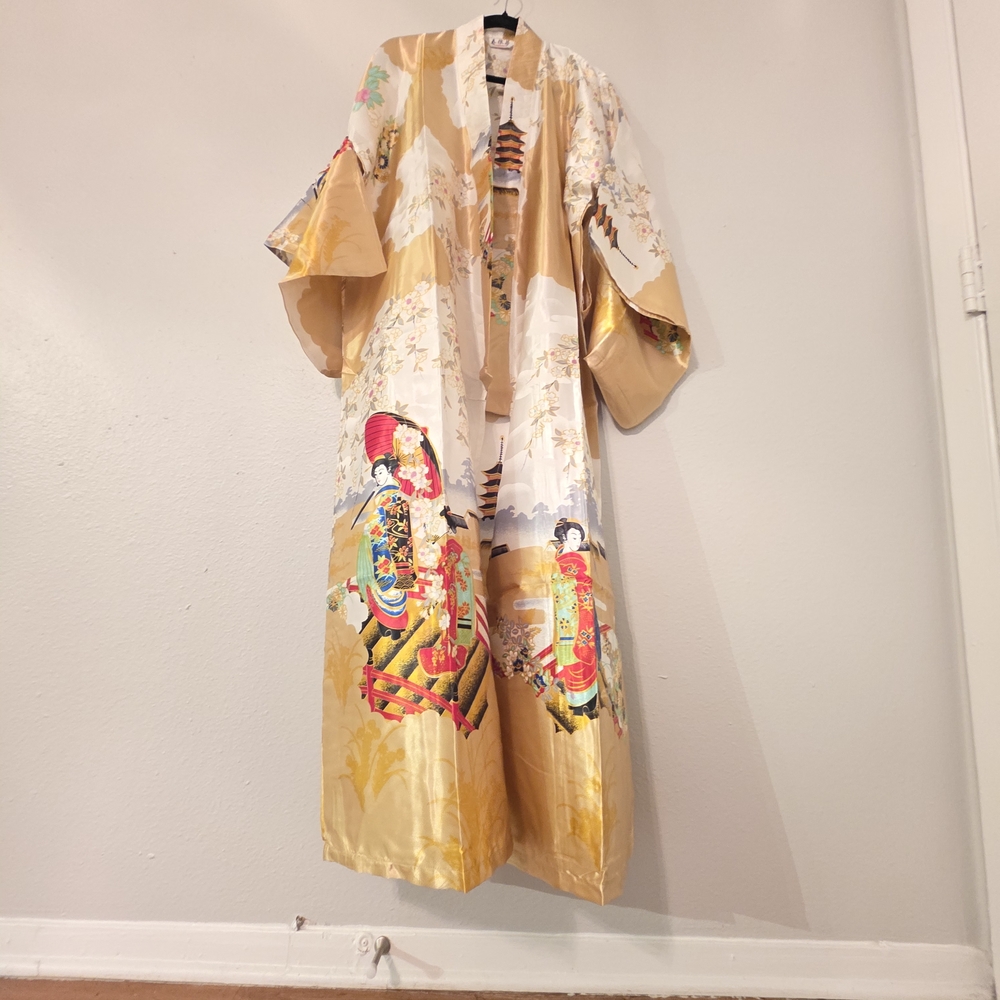 Golden Floral Japanese-Style Long Kimono Robe